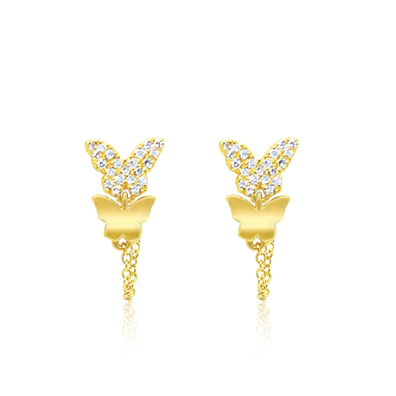 Yellow Gold Diamond Butterfly and Chain Earrings
