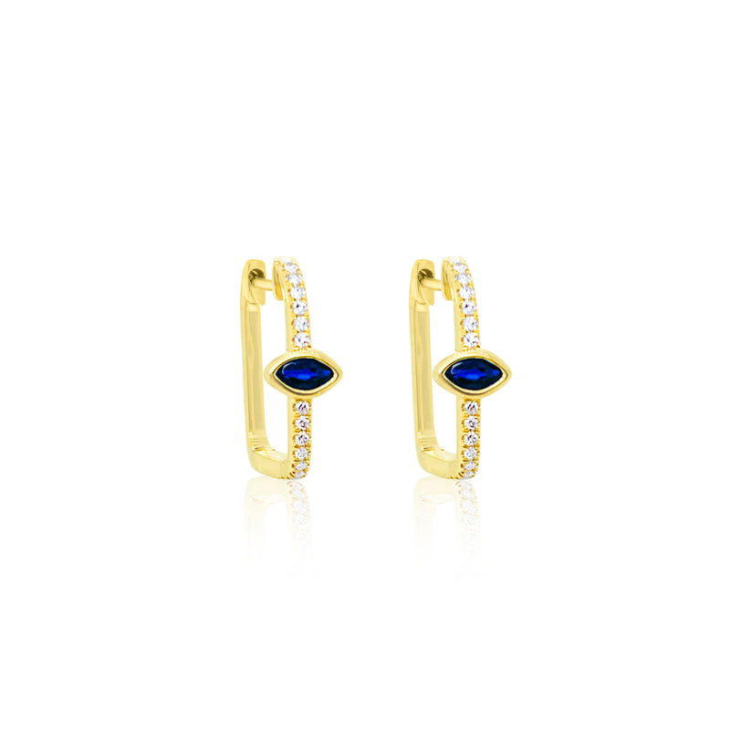 Rectangular Diamond Huggie with Blue Sapphire Center