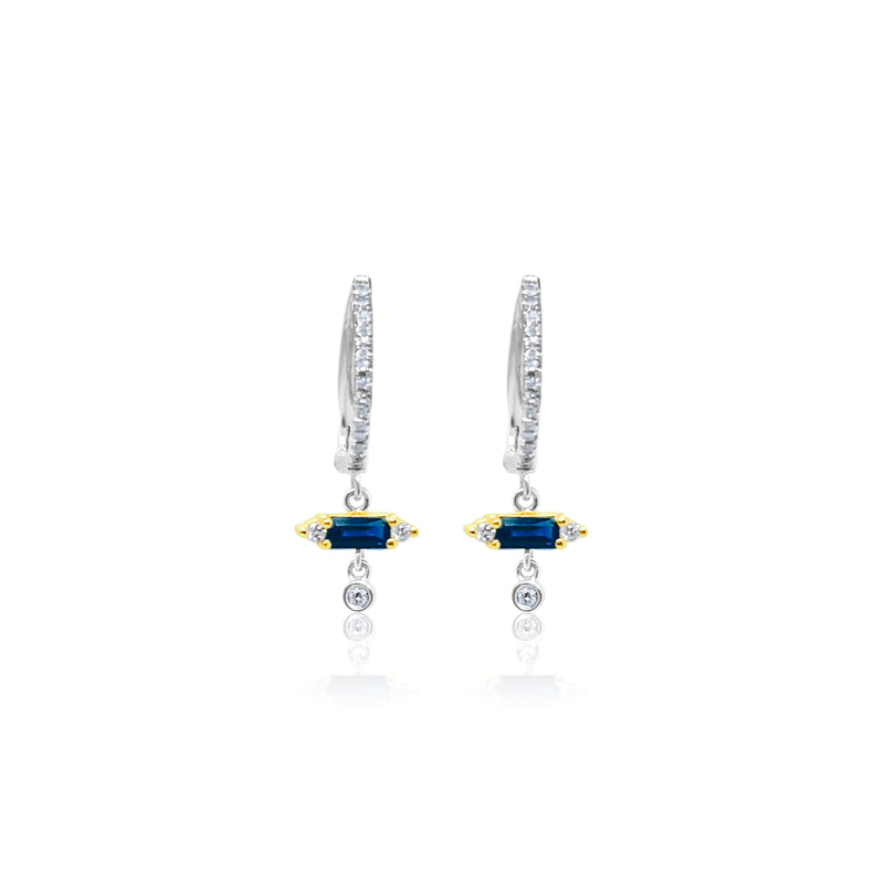 Yellow and White Gold Blue Sapphire Diamond Hoop Dangle Earrings