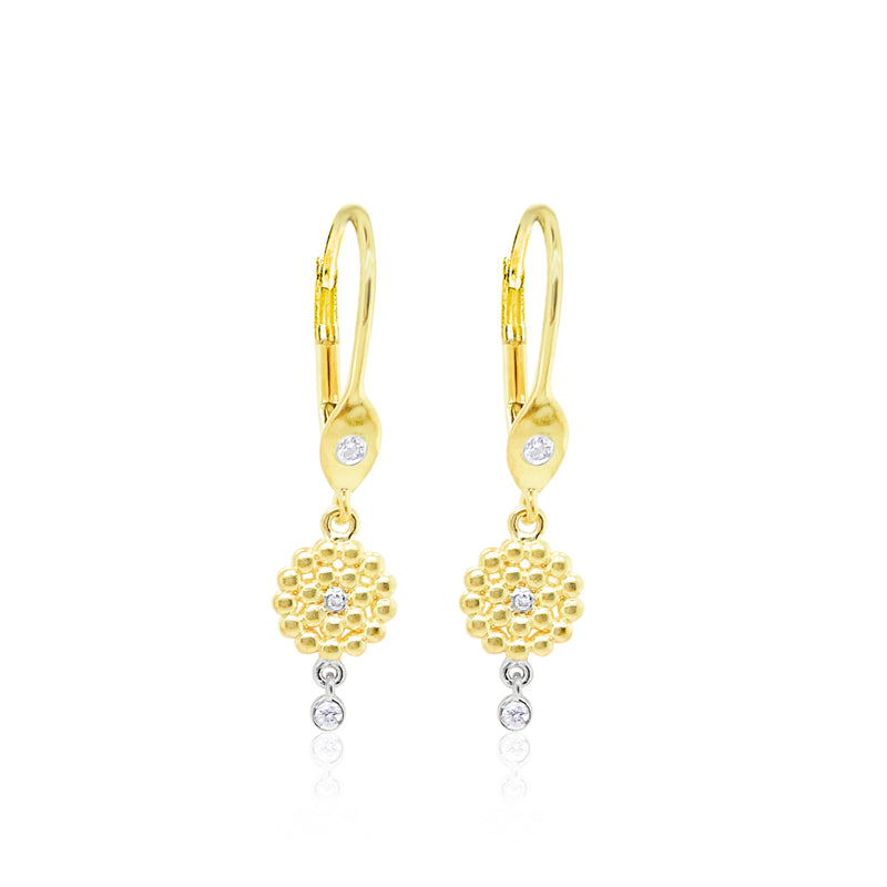 14 Kt Yellow Gold .05 Ct Diamond Flower Drop Earrings