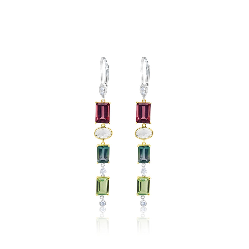 14kt Yellow and White Gold Pink and Blue Tourmaline White Opal Dangle Earrings with Diamonds
