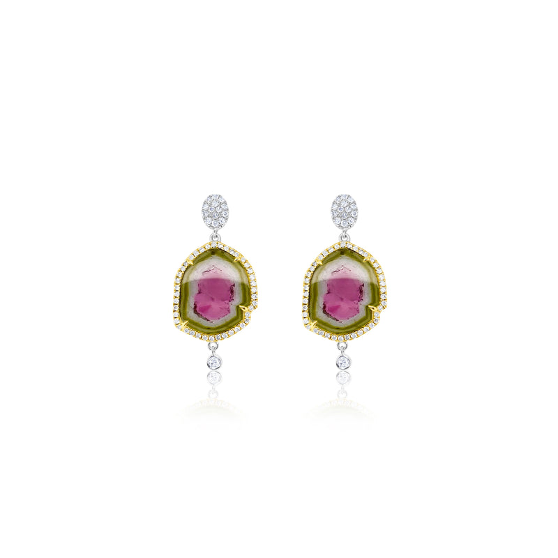 14kt White Gold Silver Center Watermelon Tourmaline Diamond Earrings