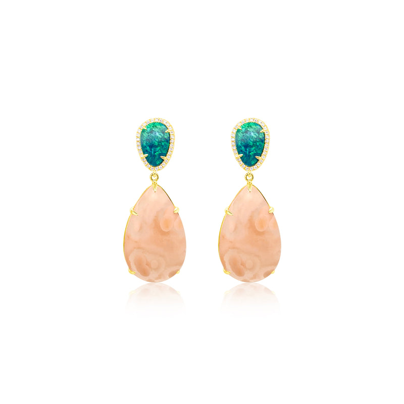 14kt Yellow Gold Opal and Fossil Diamond Earrings