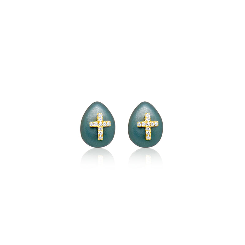 Teal Rhodium Diamond Cross Teardrop Studs