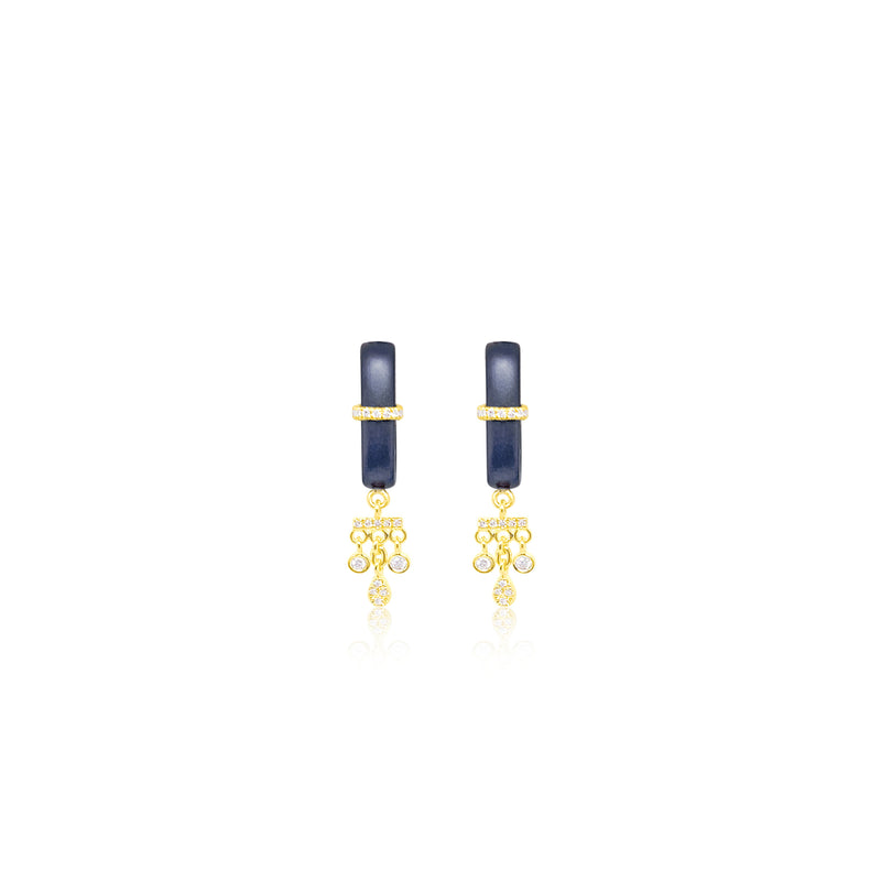 Blue Rhodium Yellow Gold Hanging Diamond Bezel Stud Hoops