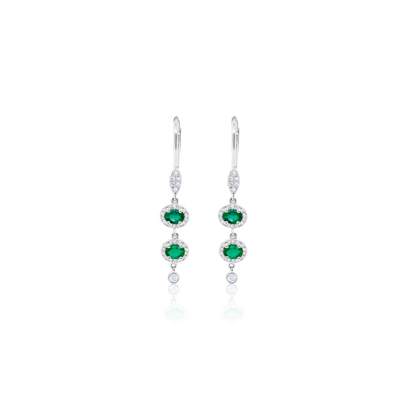 White Gold Emerald Stone Long Diamond Earrings