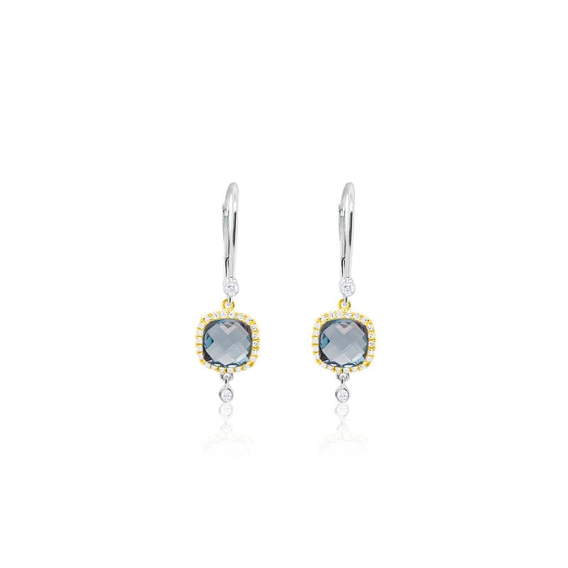 14 Kt White Gold and Yellow Gold Blue Topaz Diamond Drop Earrings