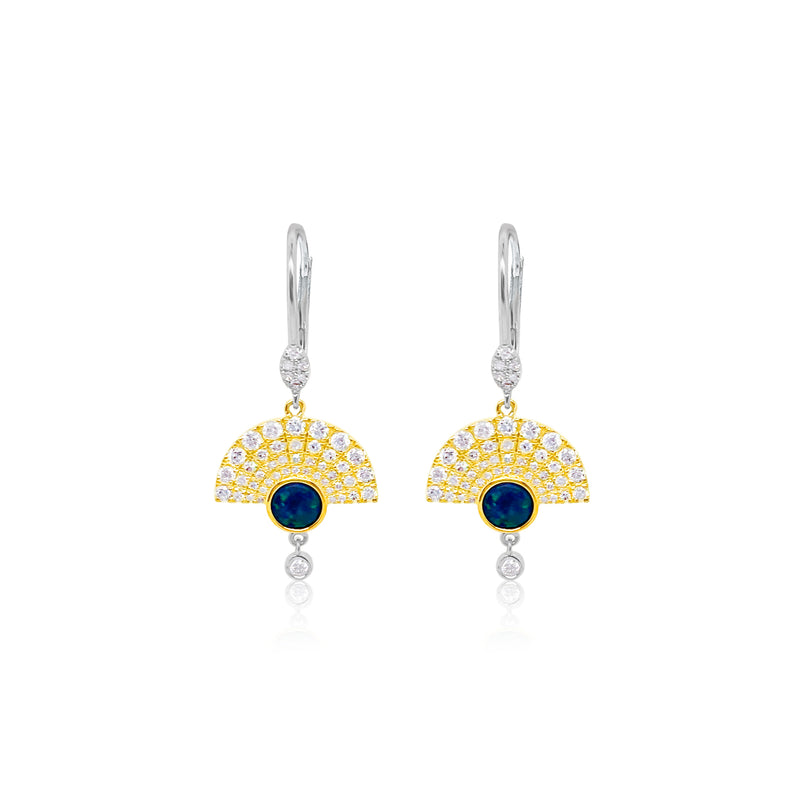14kt Two Tone Opal Fan Diamond Earring