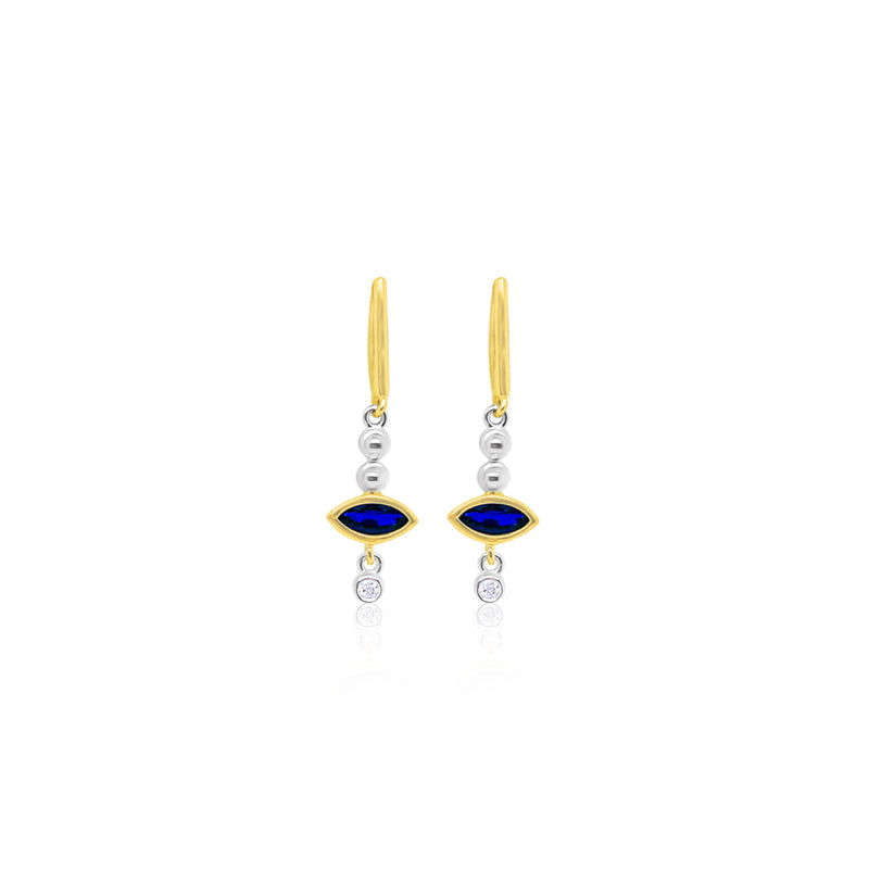 14kt Two Tone Gold Blue Sapphire Oval Diamond Earrings