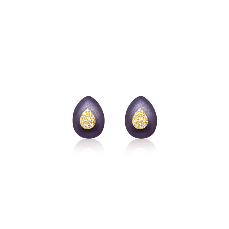 Purple Rhodium Yellow Gold Diamond Teardrop Stud Earrings