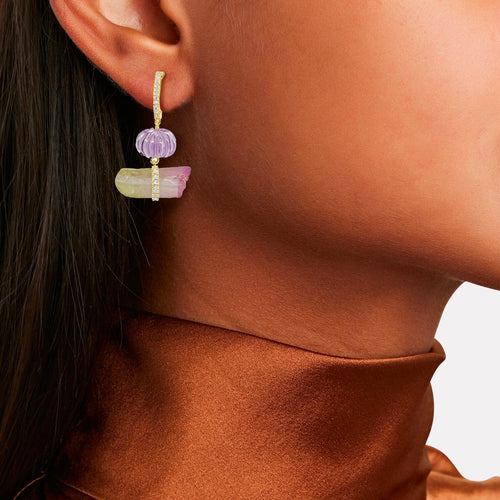 Yellow Gold Amethyst and  Watermelon Tourmaline Drop Earrings-ONLINE EXCLUSIVE