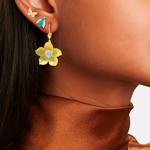 Brushed Yellow Gold Diamond Flower Earrings- ONLINE EXCLUSIVE
