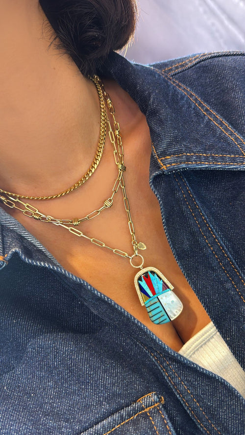 Mosaic Yellow Gold and Diamond Pattern work Turquoise Necklace