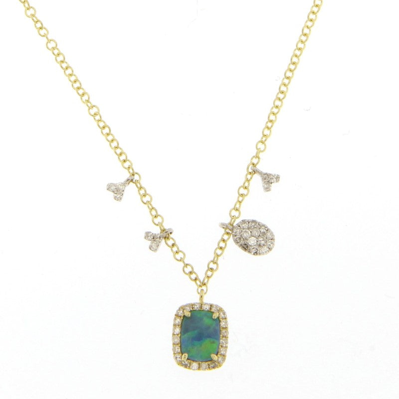 Yellow Gold Opal Necklace With Diamond Side Charms