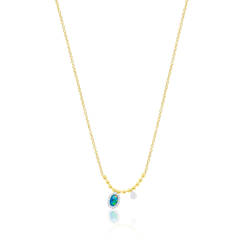 Yellow Gold Ball Chain Opal and Diamond Necklace
