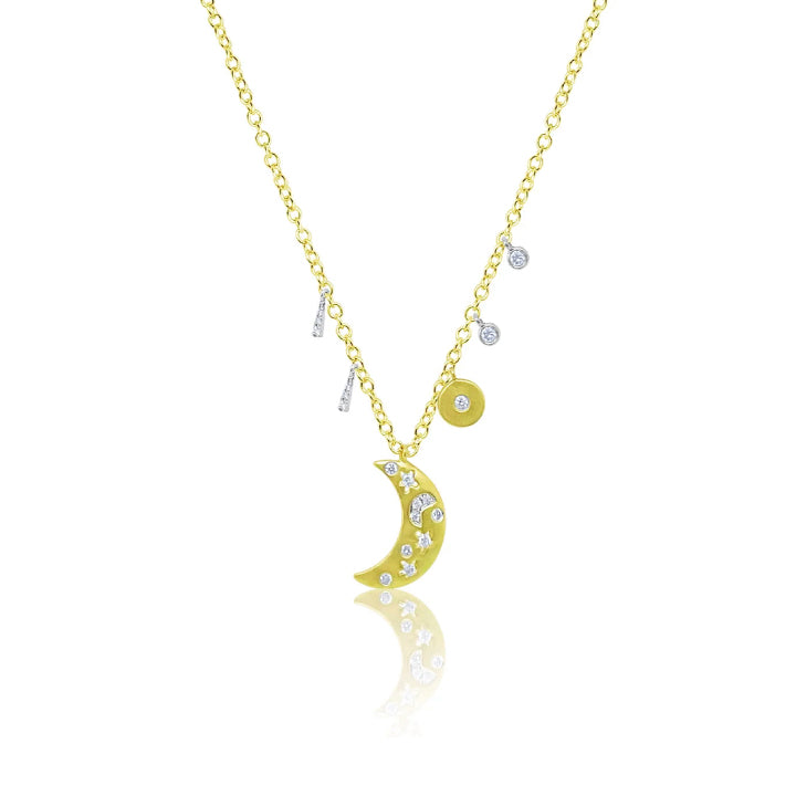 Silver Diamond and Moon Necklace With Charms