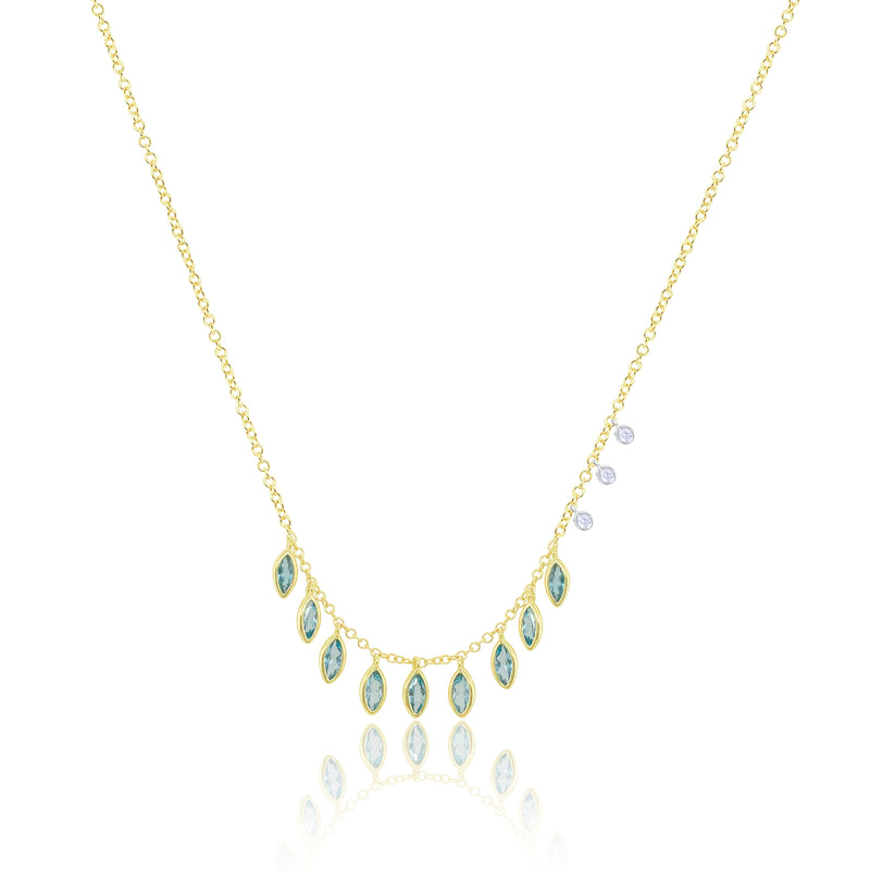 Yellow Gold Blue Topaz and Diamond Drop Necklace