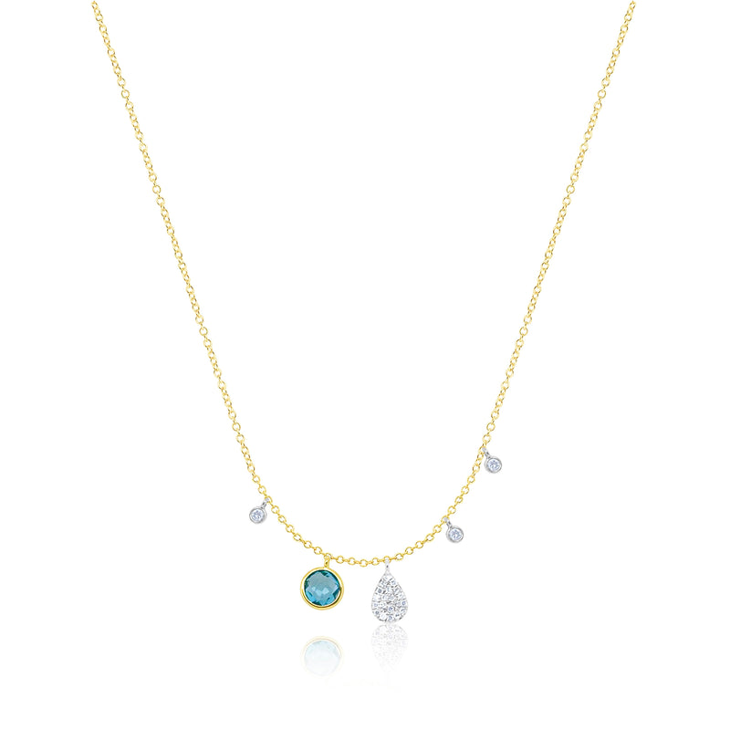 Two Tone Gold Blue Topaz Diamond Charm Necklace