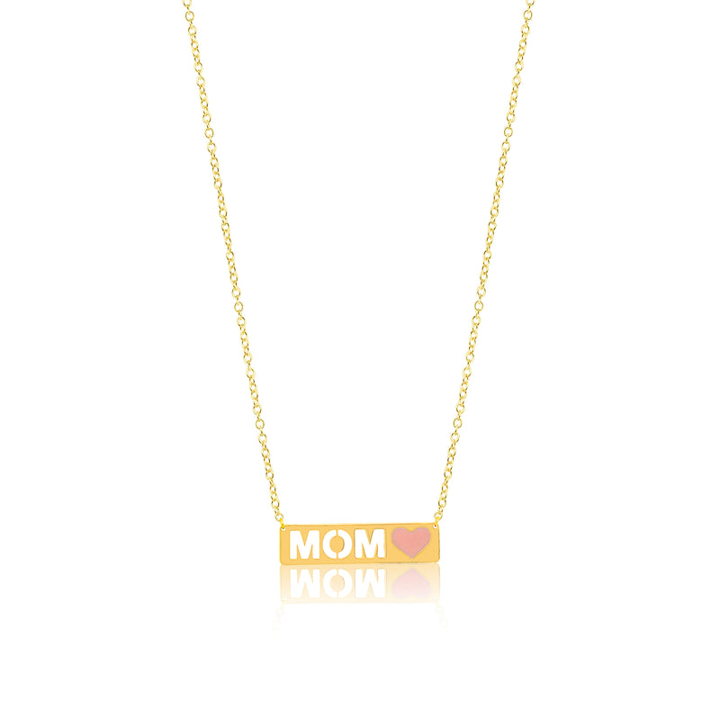 Yellow Gold Mom Pink Enamel Heart Plate Necklace