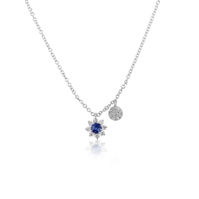 White Gold Diamond Flower Blue Sapphire Charm Necklace