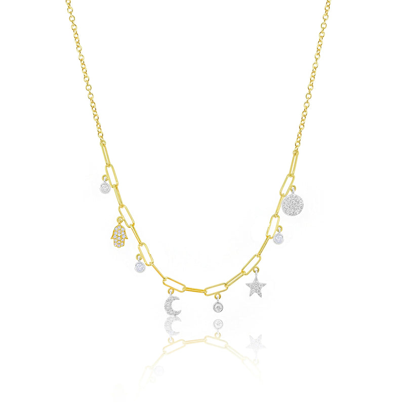 Yellow Gold Paperclip Chain with Diamond Celestial Charms