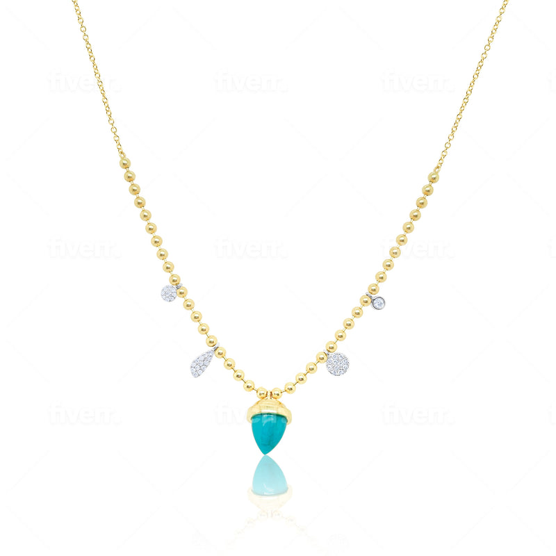 Two Tone Turquoise Acorn and Diamond Charm Necklace