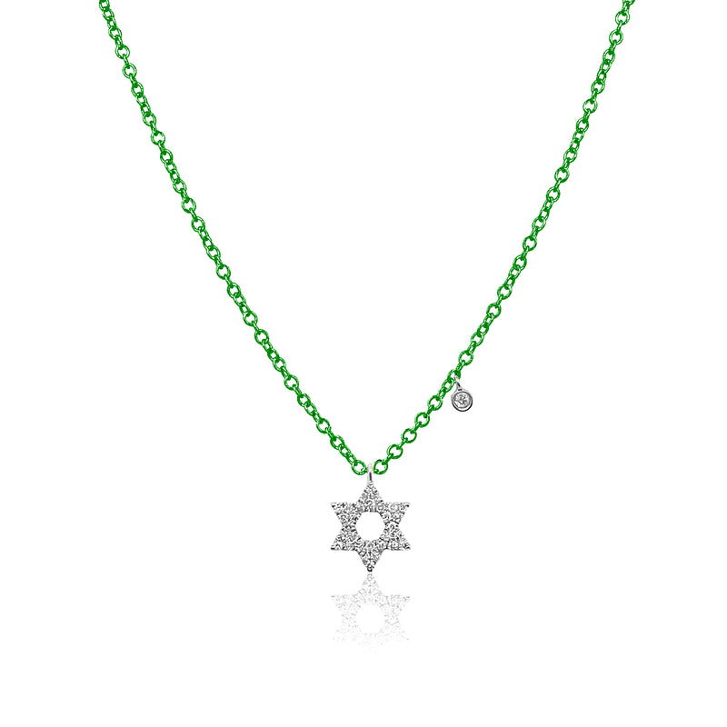 Electric Green Jewish Star Diamond Charm Necklace