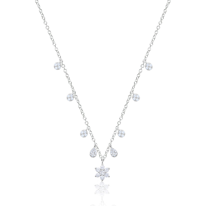 White Gold Dainty Diamond Flower and Charm Necklace