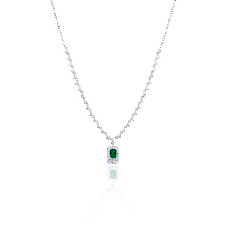 White Gold Diamond and Emerald Square Necklace