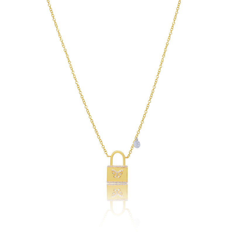 Yellow Gold Diamond Lock and Butterfly Necklace