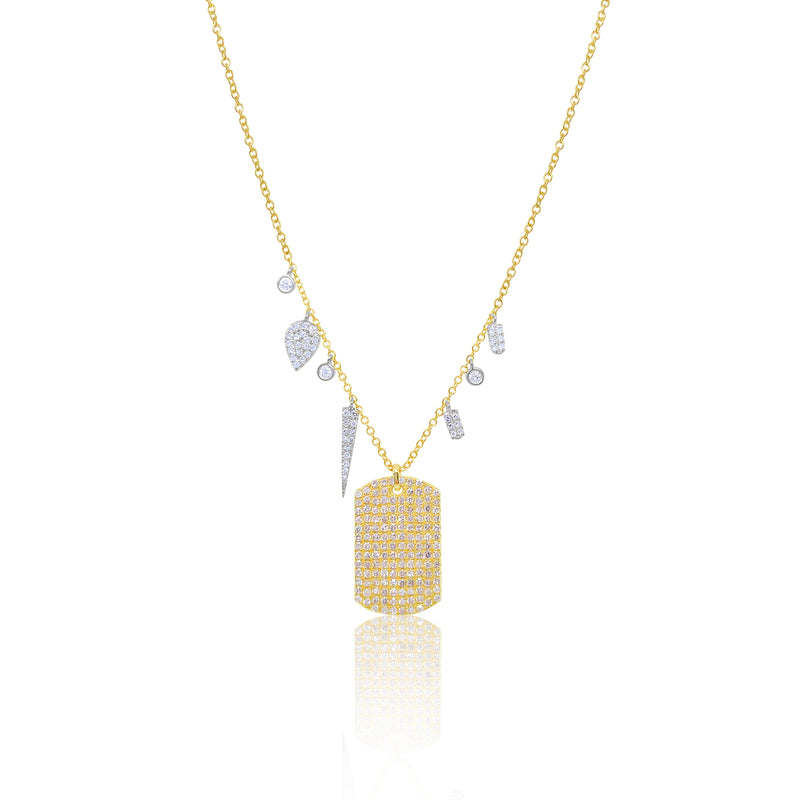 Yellow Gold Pave Diamond Dog Tag Necklace with Charms