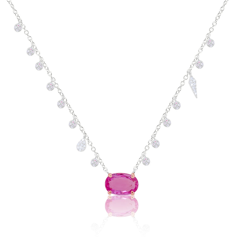 White Gold Pink Sapphire and Diamond Bezel Necklace