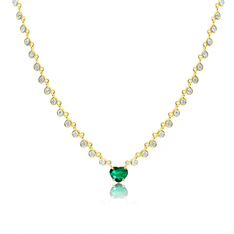 Yellow gold Emerald Heart and Diamond Necklace