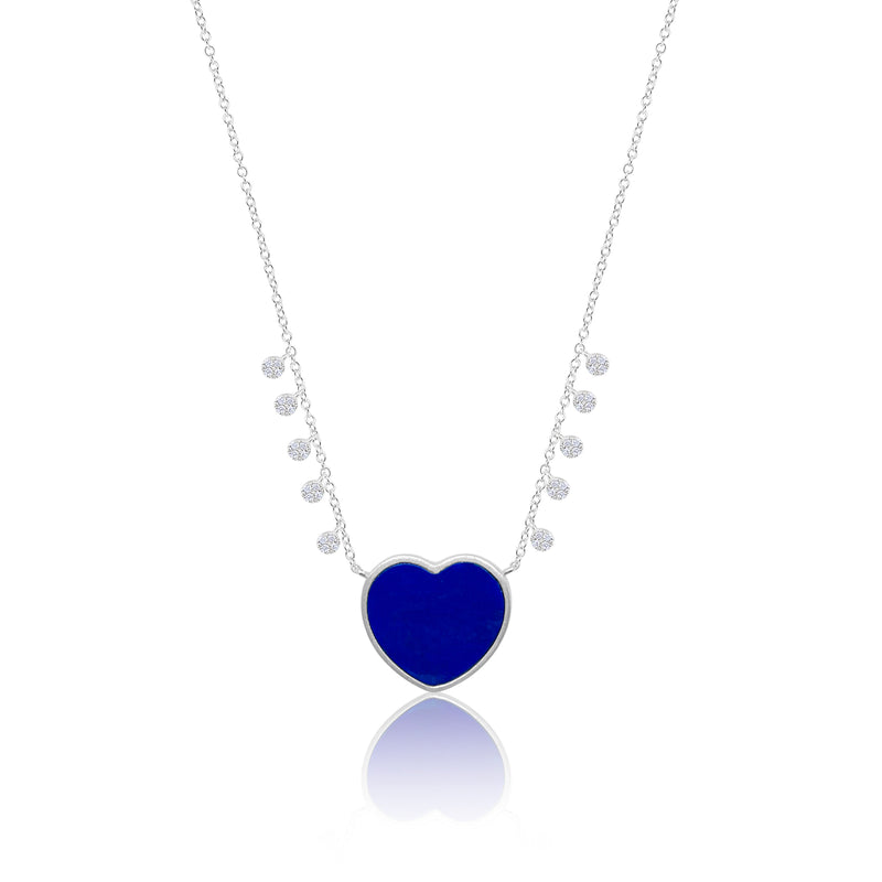 White Gold Blue Lapis Heart Diamond Necklace