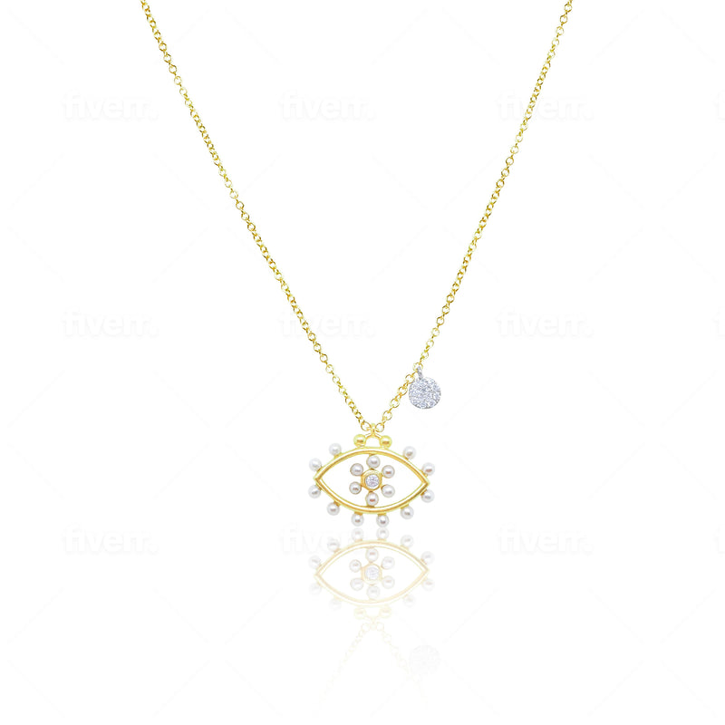 Yellow Gold Pearl Evil Eye Necklace