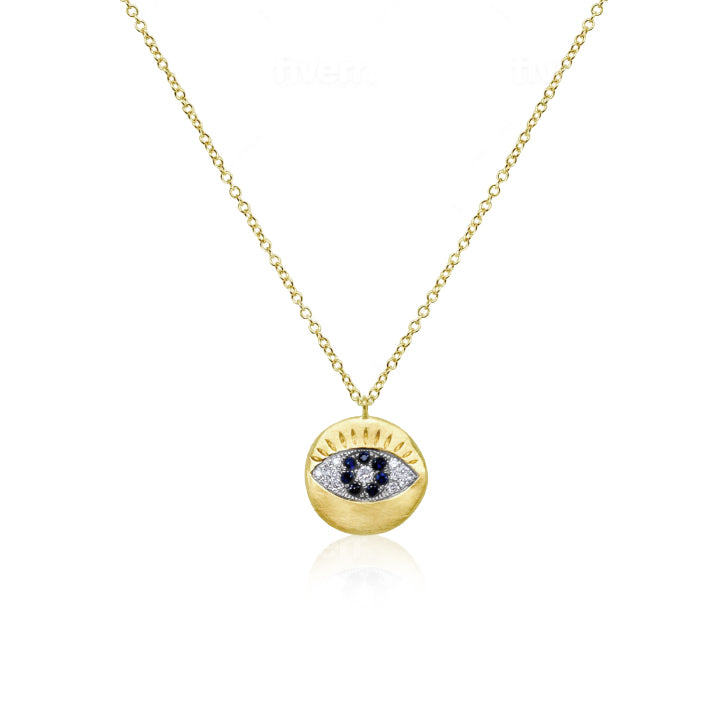 Brushed Silver Diamond and Blue Sapphire Evil Eye Necklace