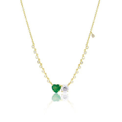 Yellow Gold Two Stoned Diamond and Emerald Necklace