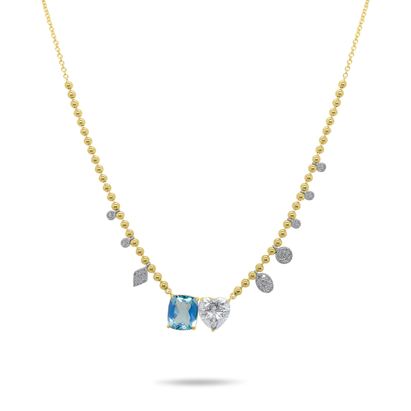 Yellow Gold Blue Topaz and Moissanite Ball Chain Necklace