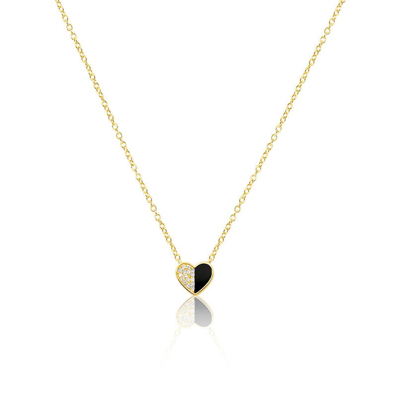 Yellow Gold Diamond and Black Enamel Heart Necklace