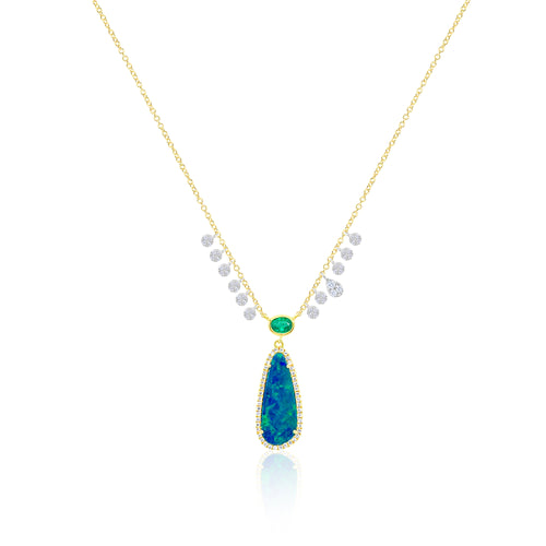 14kt Yellow Gold Diamond Opal and Emerald Necklace with Diamonds