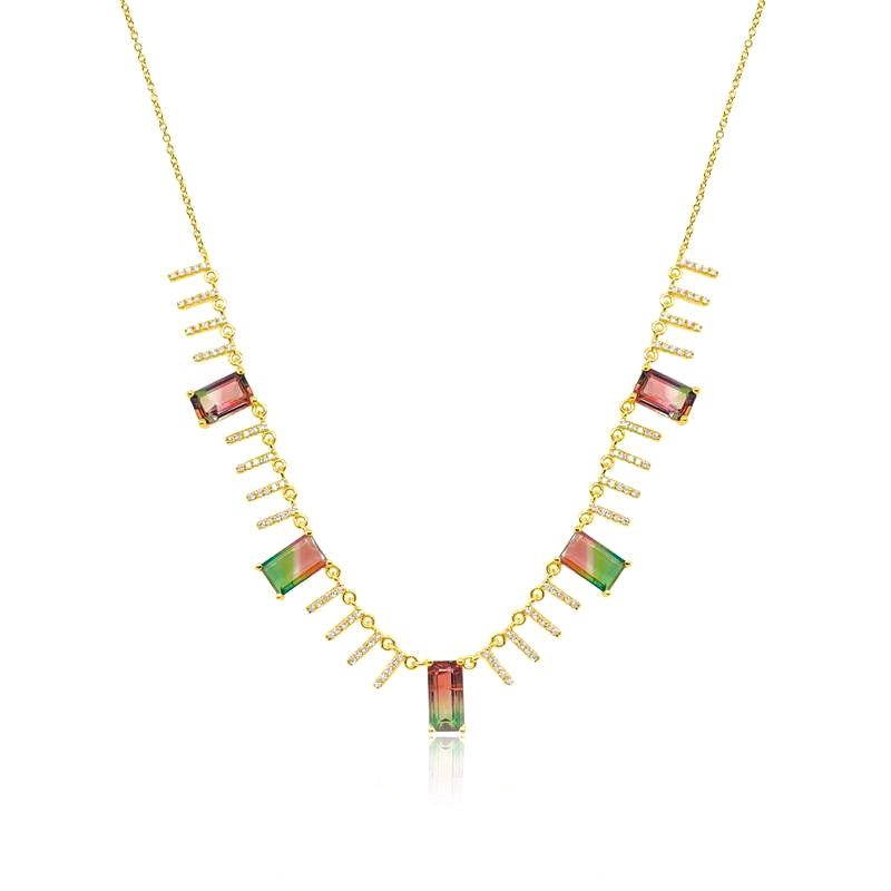 14 Kt Yellow Gold Watermelon Tourmaline Fringe .29 Ct Diamond Necklace