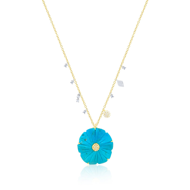 14 Kt Yellow Gold Turquoise Flower Necklace