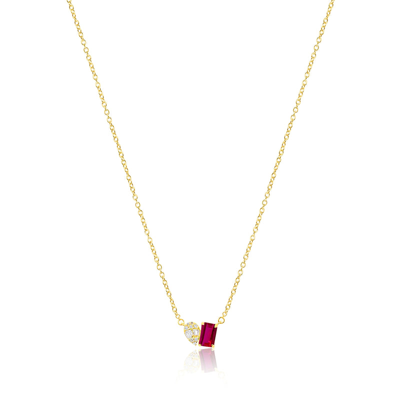 Ruby and Illusion Pear Lab Grown Necklace - Yellow gold.