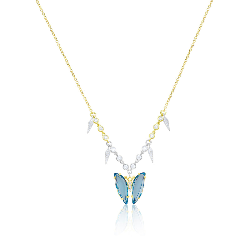 14 Kt Yellow Gold Blue Topaz Butterfly Diamond Necklace
