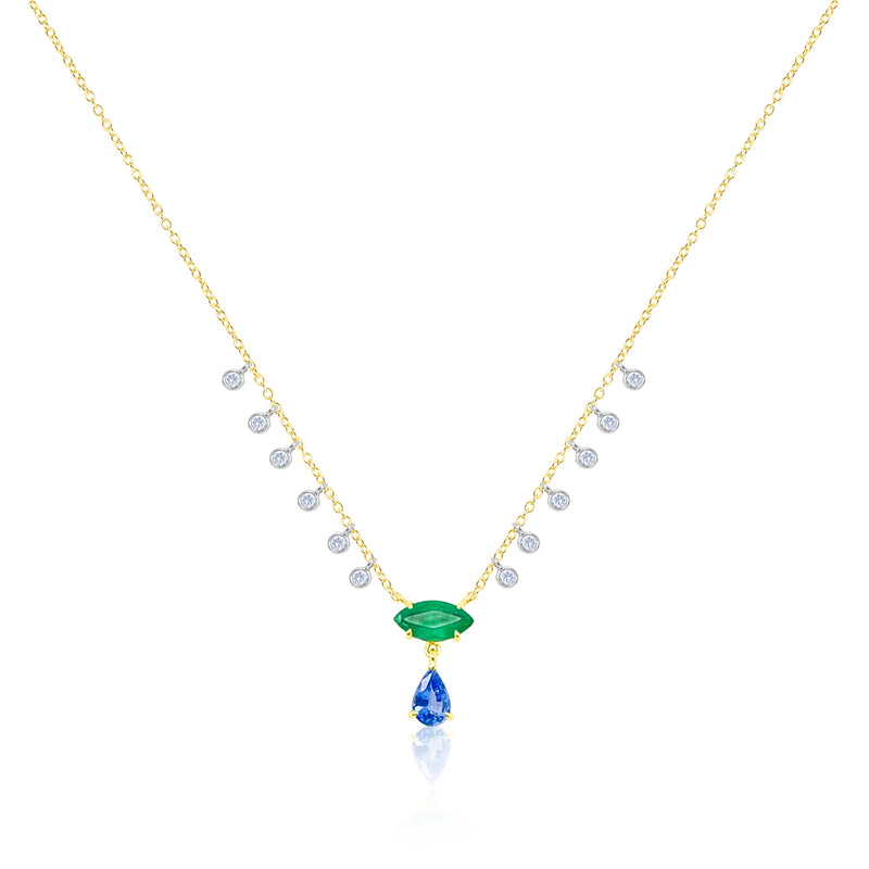 Yellow Gold Blue Sapphire Emerald and Diamond Necklace