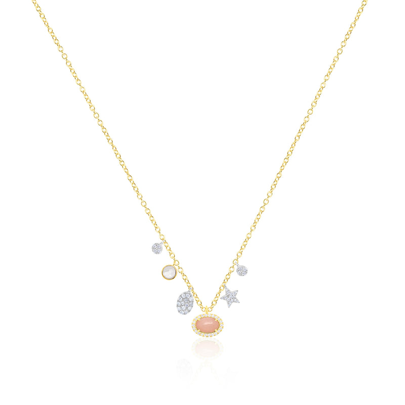14kt Yellow Gold Pink Opal Diamond Charms Necklace