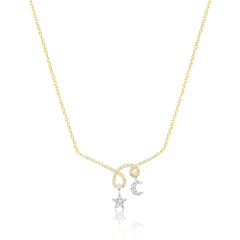 14kt Yellow Gold Moon and Star Twist Diamond Necklace