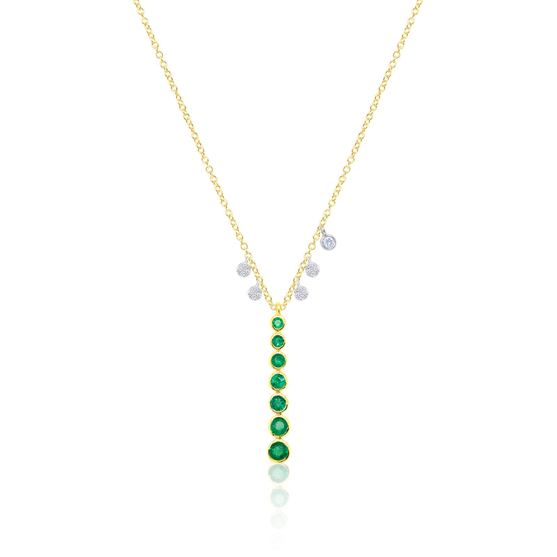 Yellow Gold Emerald Bar Necklace with Diamond Charms