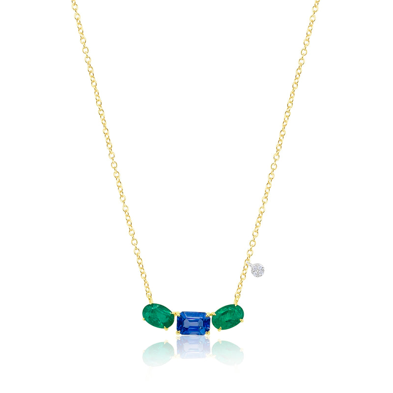14kt Yellow Gold Emerald Blue Sapphire Diamond Necklace