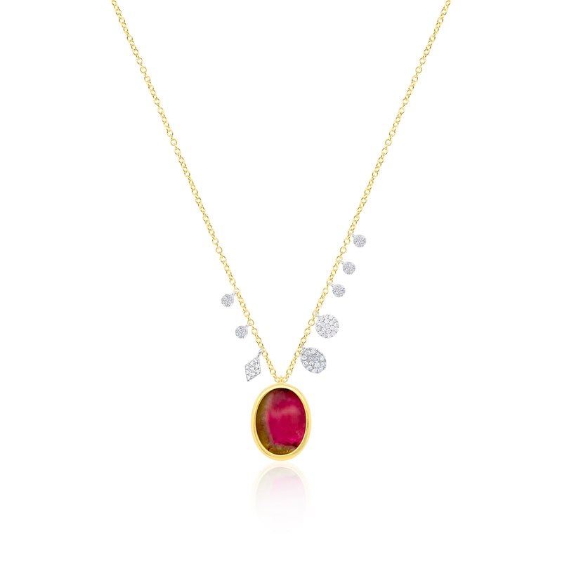 Yellow Gold Pave Diamond Watermelon Tourmaline Necklace